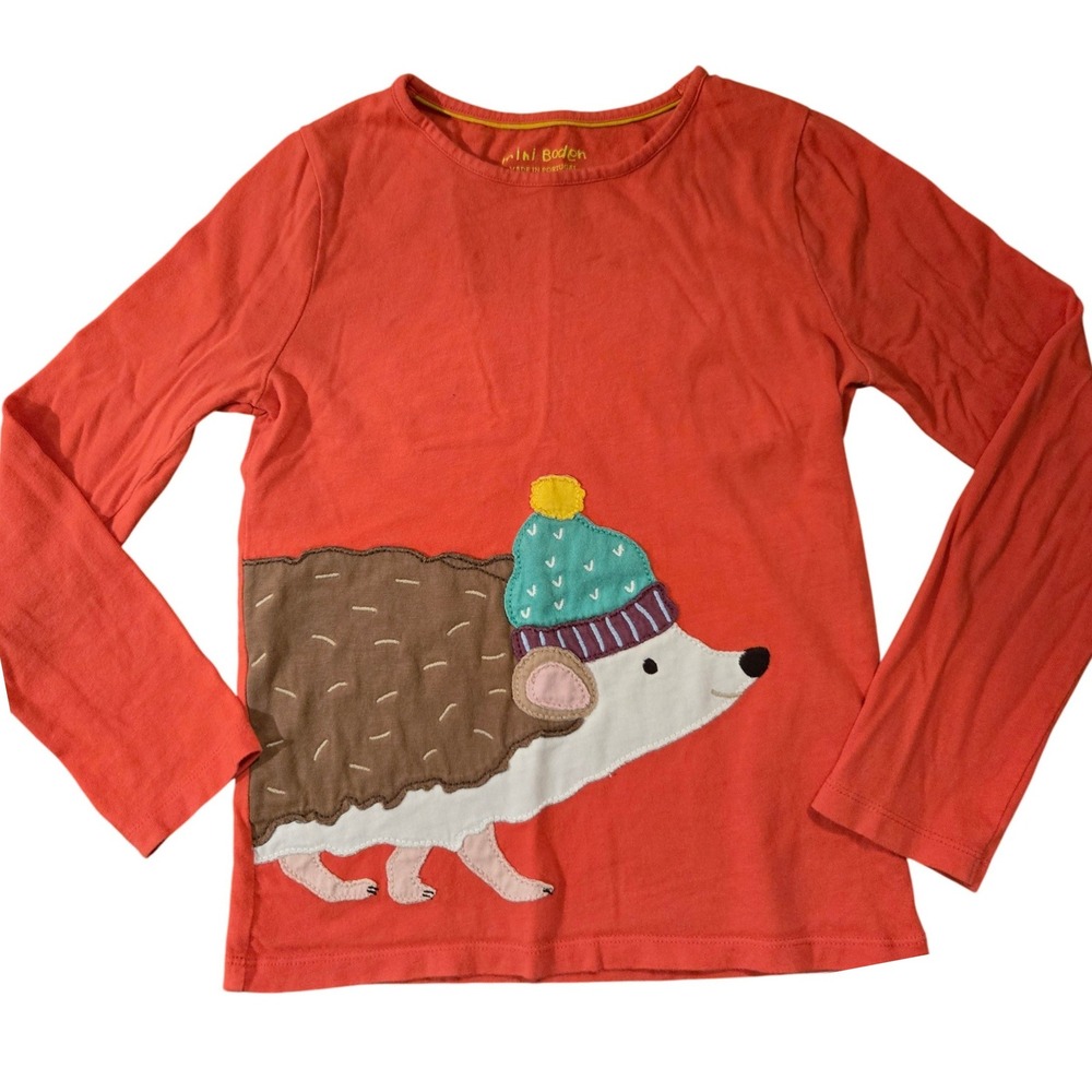 Mini Boden Kids‎ Orange Hedgehog Beanie Graphic Long Sleeve T-Shirt 7-8Y Cotton